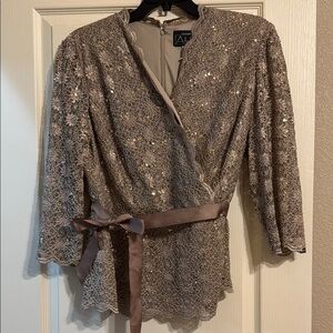 Elegant Gold/Brown Lace Evening Blouse